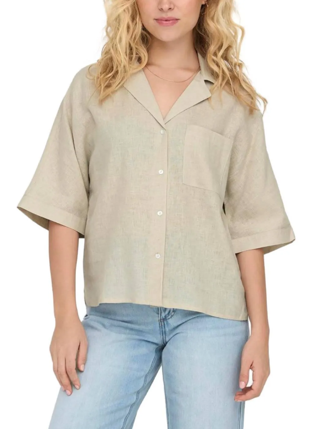 Camisa Only Tokyo beige de lino hombros caídos para mujer