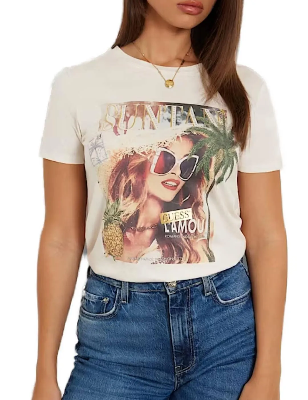 Camiseta Guess Sundan blanco roto de manga corta para mujer