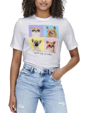 Camiseta Only Dorte blanca perritos manga corta de mujer