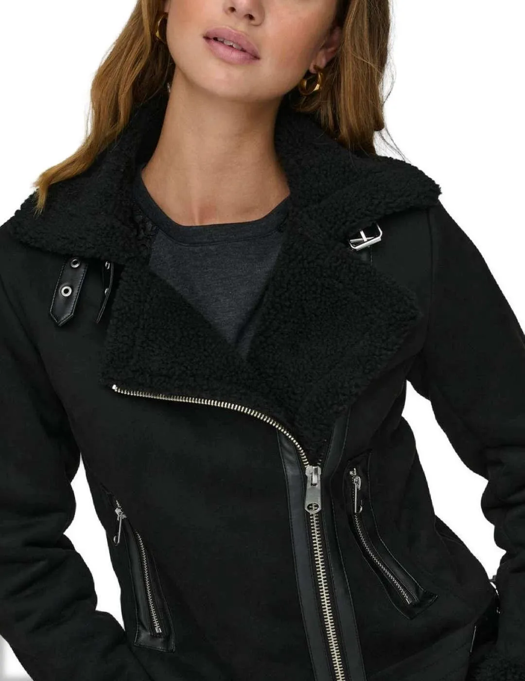 Chaqueta aviador Only NewDiana negra borreguillo para mujer