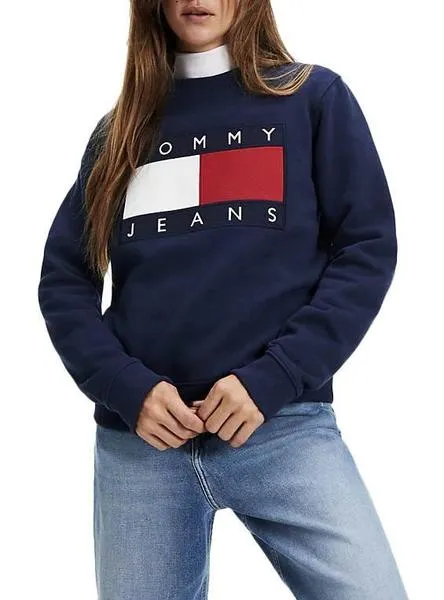 sudadera tommy jeans flag crew marino mujer