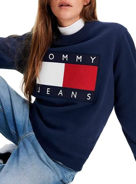 sudadera tommy jeans flag crew marino mujer