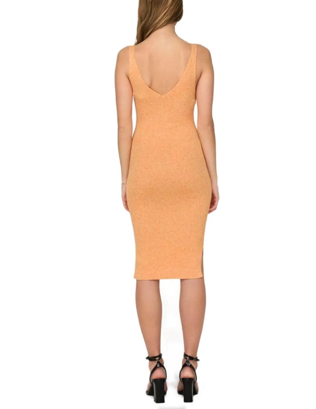 Vestido Only Lina midi naranja canalé escote pico de mujer