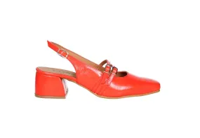 Zapato Talon Abierto Charol Coral Empeine Doble Correa Con Hebilla Tacon Medio